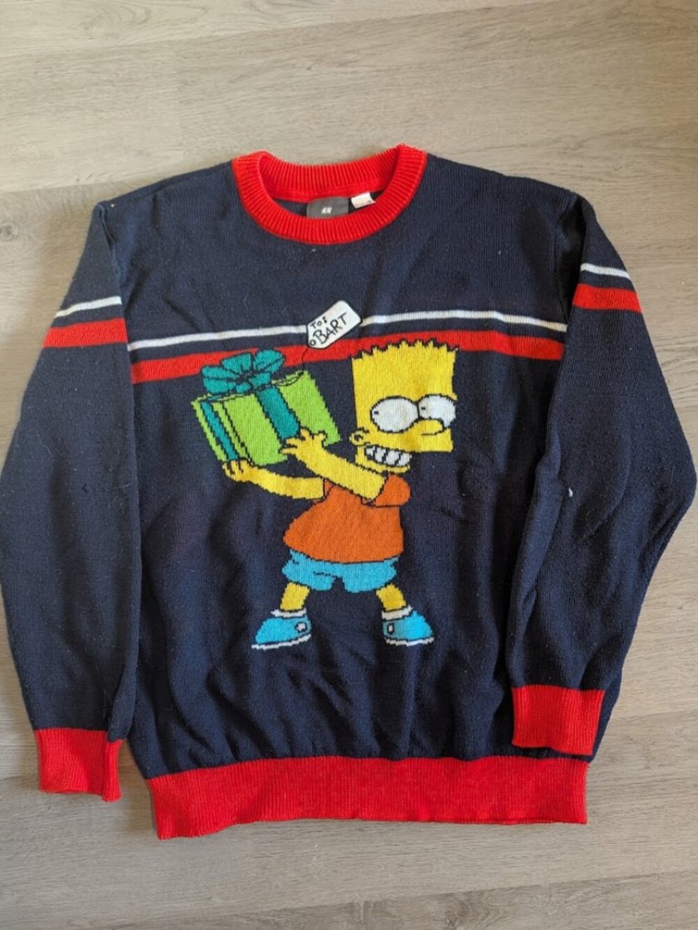 H&M x Simpsons Bart Christmas Sweater Navy Red Knit Holiday Novelty Unisex L